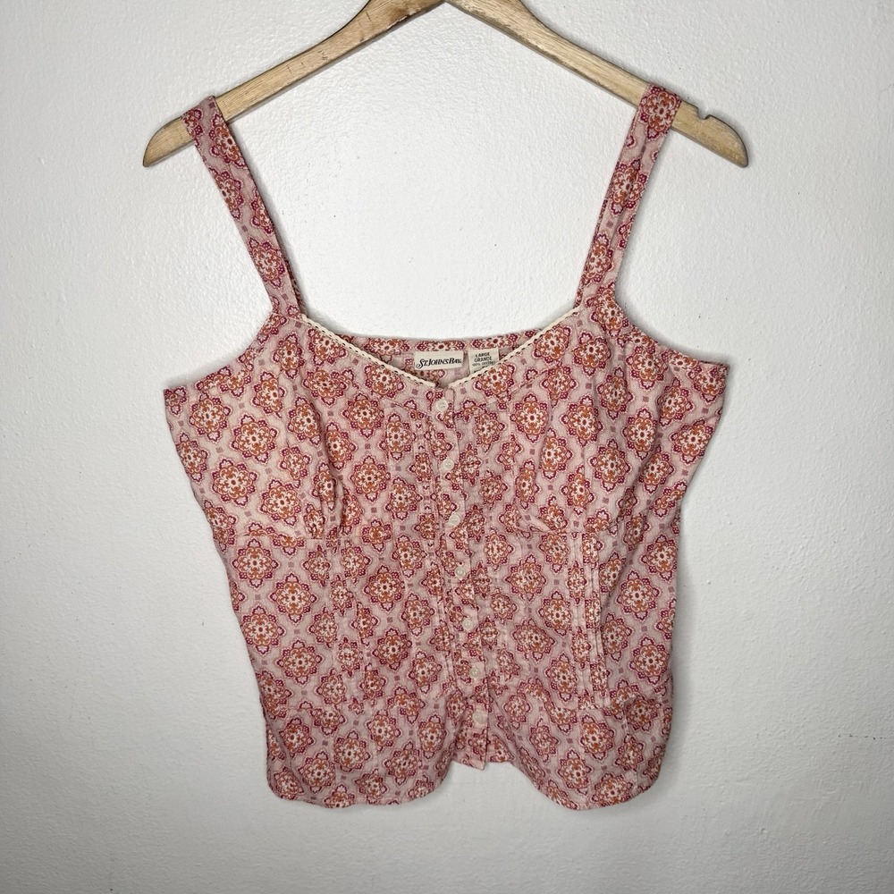 St John's Bay Y2K Floral Cotton Pintuck Tank Top Cottagecore Women's Large
